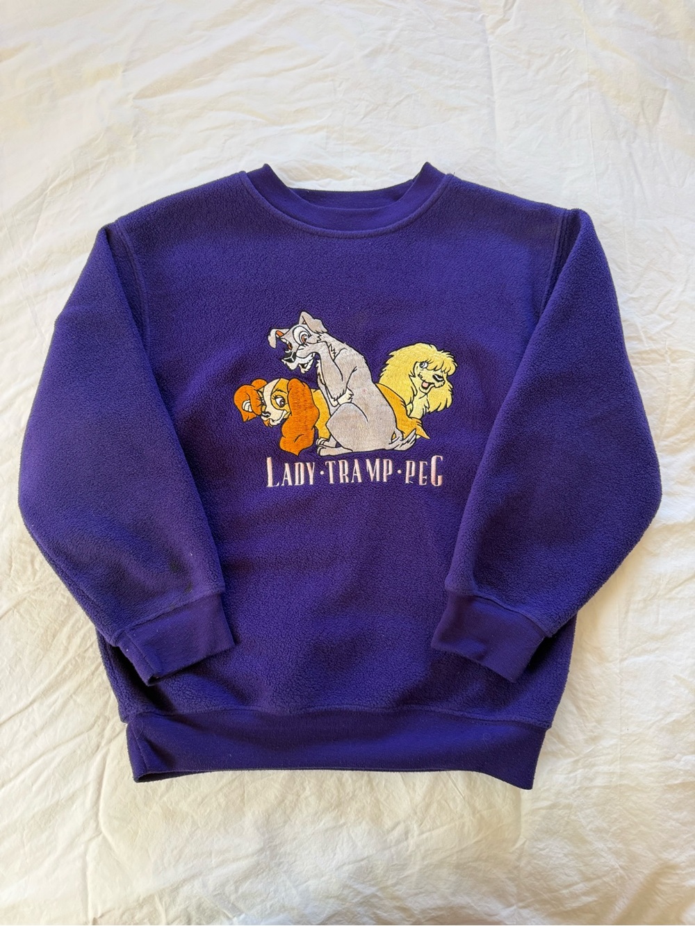 DISNEY Vintage Purple Lady & The Tramp Embroidered Fleece Crewneck Sweatshirt